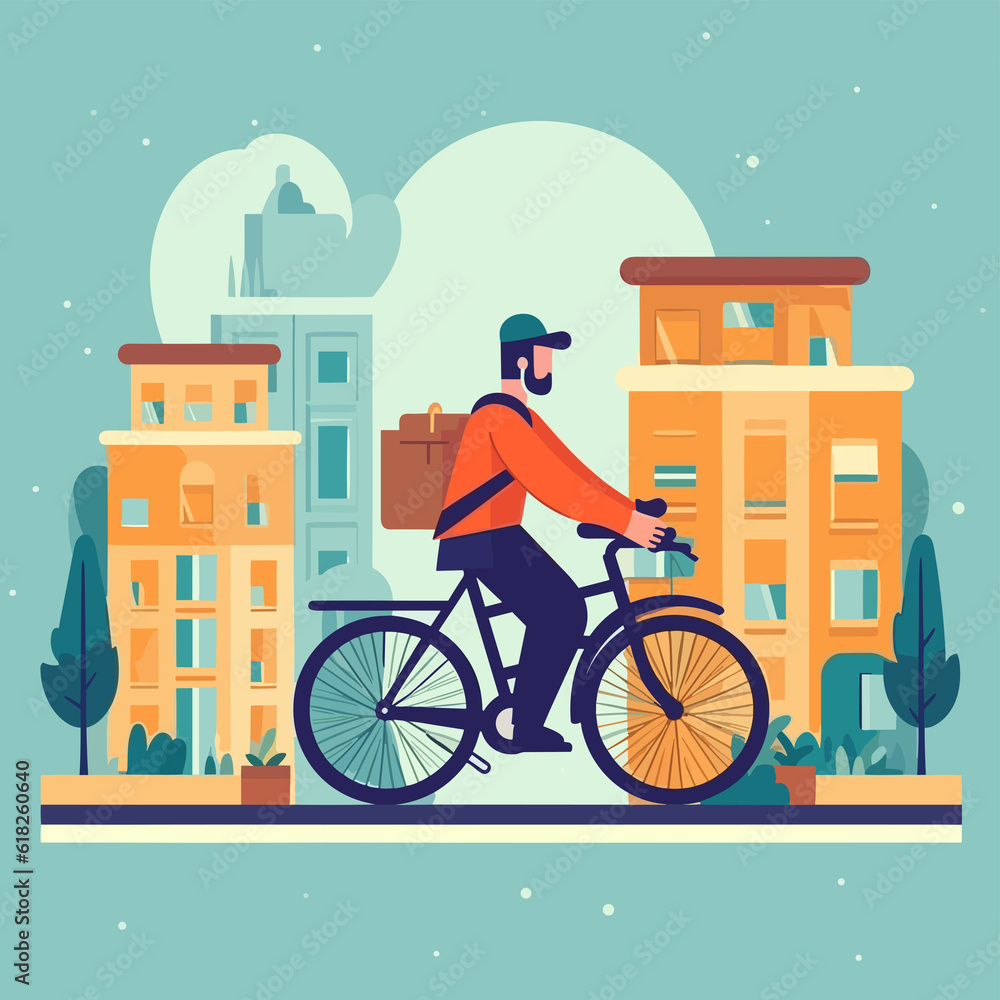 Φωτογραφία Delivery man with rickshaw doing delivery, delivery man with bag illustration, delivery illustration, deliveryman flat illustration, courier man, Fast transport express home delivery