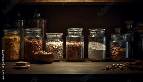 Organic bean jar on rustic wooden table generated by AI