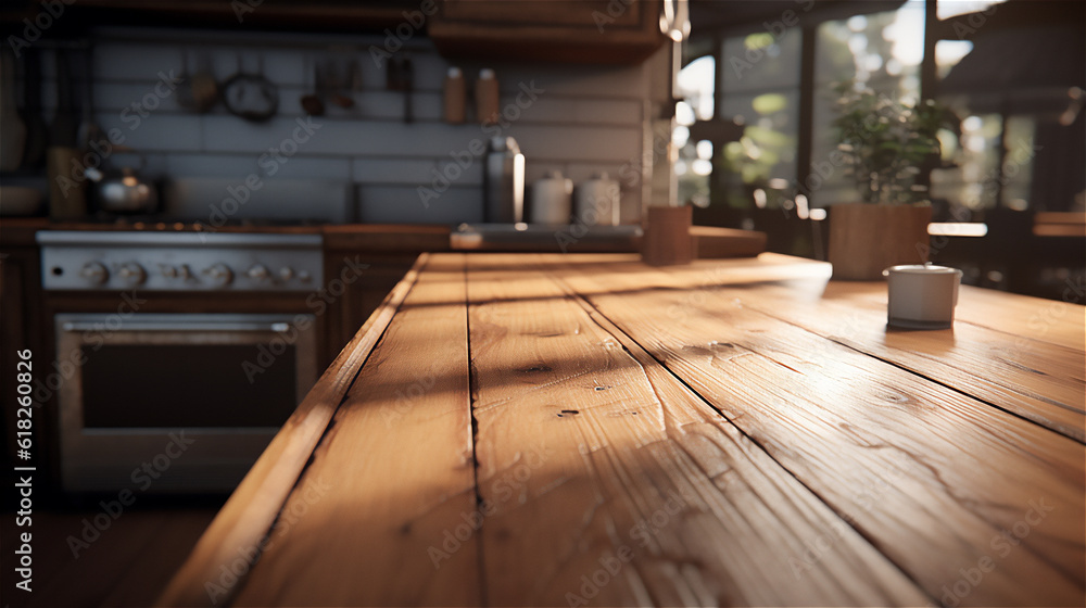 Empty Wooden Table Surface, blur kitchen interior background. Ideal for Product Placement as a Backdrop. Ai generative.
