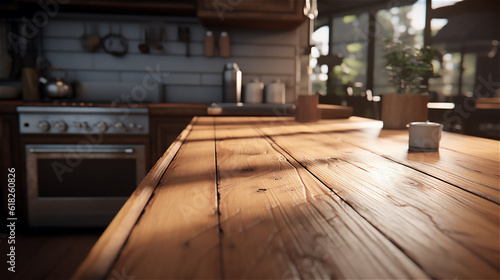 Wallpaper Mural Empty Wooden Table Surface, blur kitchen interior background. Ideal for Product Placement as a Backdrop. Ai generative. Torontodigital.ca