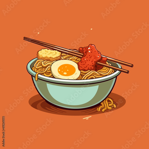 A bowl of noodles with eggs and Matton vector illustration, Bowl of noodles flat illustration, restaurant vector illustration photo