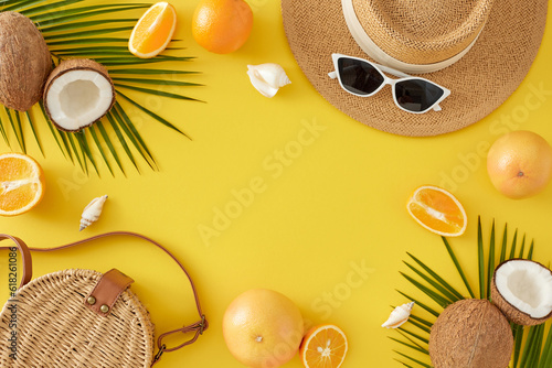 Juicy fruit-inspired summer concept. Top view photo of sun hat, eyewear, straw bag, oranges, ripe coconuts, seashells, palm leaves on yellow background with empty space for advert or text