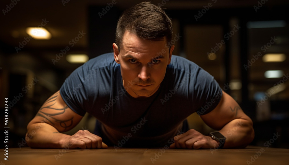 Muscular man exercising for healthy lifestyle indoors generated by AI Muscular man exercising for healthy lifestyle indoors generated by AI