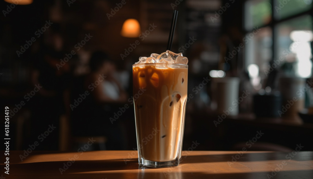Frothy coffee drinks on wooden table indoors generated by AI Frothy coffee drinks on wooden table indoors generated by AI