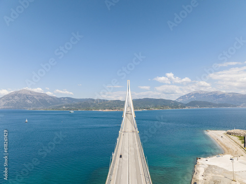 Aerial view of Charilaos Trikoupis Bridge Rio-Antirio in Greece