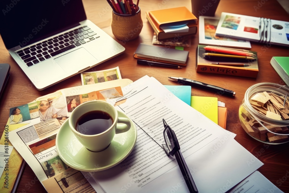 desk with documents and sticky notes and stationary desk with documents and sticky notes and stationary