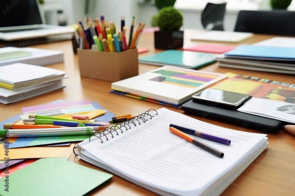 desk with documents and sticky notes and stationary desk with documents and sticky notes and stationary