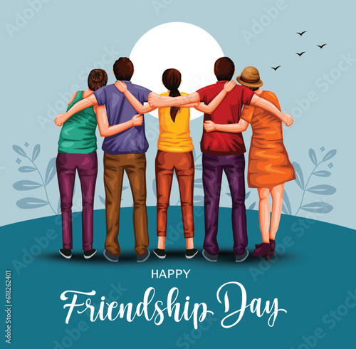 friedshipHappy international friendship day greeting card, back view of friends group. abstract vector illustration design