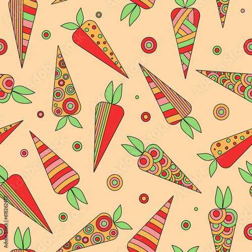 Carrot abstract, ornament. The pattern  seamless. Bright vegetables. Drawings, doodle.  Vegetarian food. Vector illustration on white isolated background. 