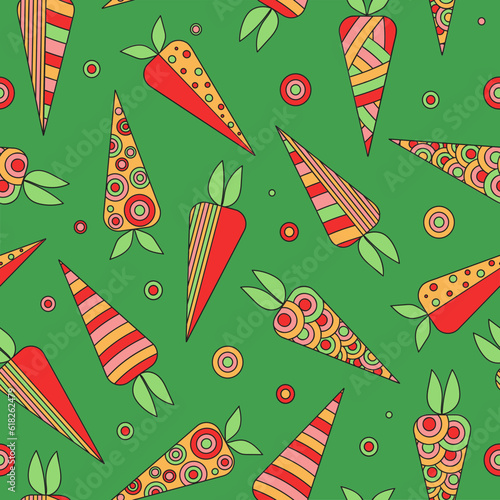 Carrot abstract, ornament. The pattern  seamless. Bright vegetables. Drawings, doodle.  Vegetarian food. Vector illustration on white isolated background. 