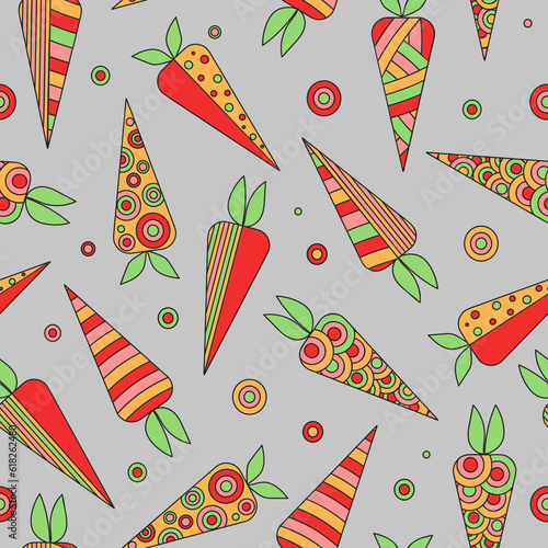 Bright vegetables, Carrot, abstract  ornament. The pattern  seamless.  Drawings, doodle.  Vegetarian food. Vector illustration on white isolated background. 