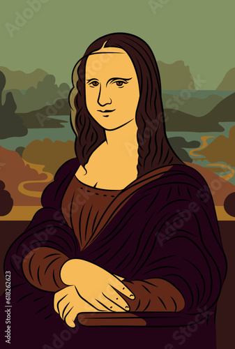Leonardo da Vinci -  Mona Lisa. Gioconda. Joconde. Template, pattern. Colorful poster. Vector illustration.