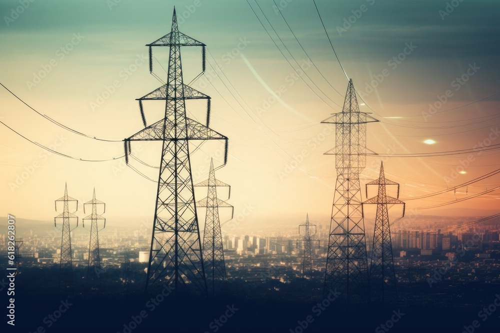 Electric transmission tower pylons stretching across Electric transmission tower pylons stretching across
