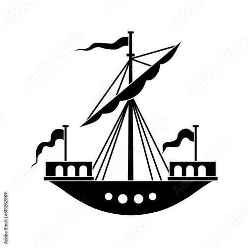 Heraldic mediaeval ship, boat, vessel. Symbol, sign, icon, silhouette, tattoo. Black. Isolated vector illustration.