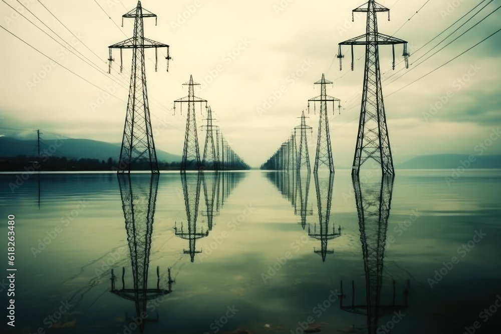 Electric transmission tower pylons stretching across