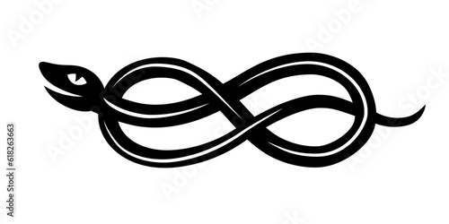 Simple illustration of snake with infinity sign body, ouroboros. Symbol, sign, black, icon, silhouette, tattoo.