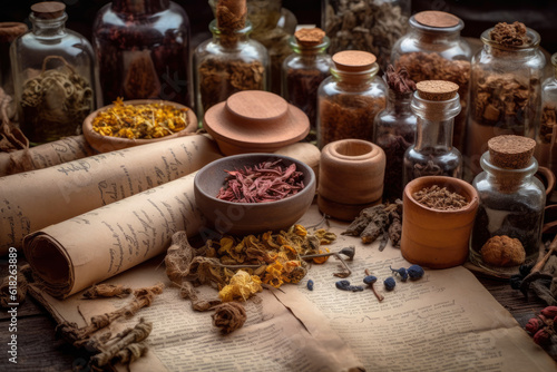 Various dried spices and herbs on a wooden table, AI Generated © staras