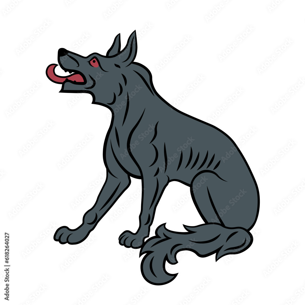 Sitting heraldic wolf dog with lying tail and protruding tongue. Symbol, sign, icon, silhouette, tattoo. Line and Fill. Isolated vector illustration.