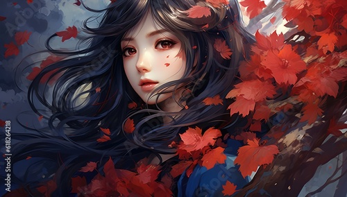 Painting of beautiful Anime warrior Princess with flying flower petals in the background. Digital Artwork created with generative AI.