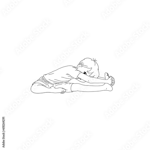 Kids Yoga - Joga für Kinder, Asana gestreckte Katze, horizontal Banner Design Concept Cartoon. Junge barfuß in Yoga Haltung, macht fröhliches Gesicht. Yogi Logo auf Hintergrund in weiß.