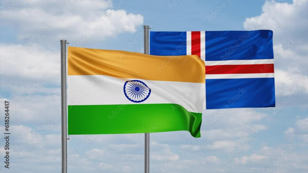 Iceland and India flag waving together in the wind on blue sky, cycle looped video, two country cooperation concept Iceland and India flag waving together in the wind on blue sky, cycle looped video, two country cooperation concept