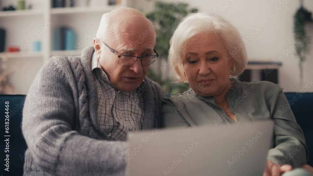 Happy senior couple shopping online on laptop, discussing new furniture, sales Happy senior couple shopping online on laptop, discussing new furniture, sales
