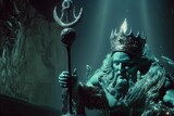 stillframe from The Little Mermaid 1952 liveaction film mermaid king with trident and fish swimming underwaer cinematic lighting 