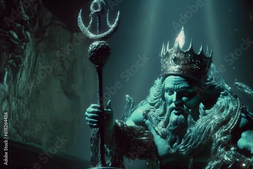 stillframe from The Little Mermaid 1952 liveaction film mermaid king with trident and fish swimming underwaer cinematic lighting  photo