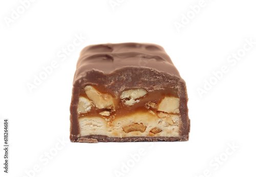 Piece of sweet tasty chocolate bar on white background