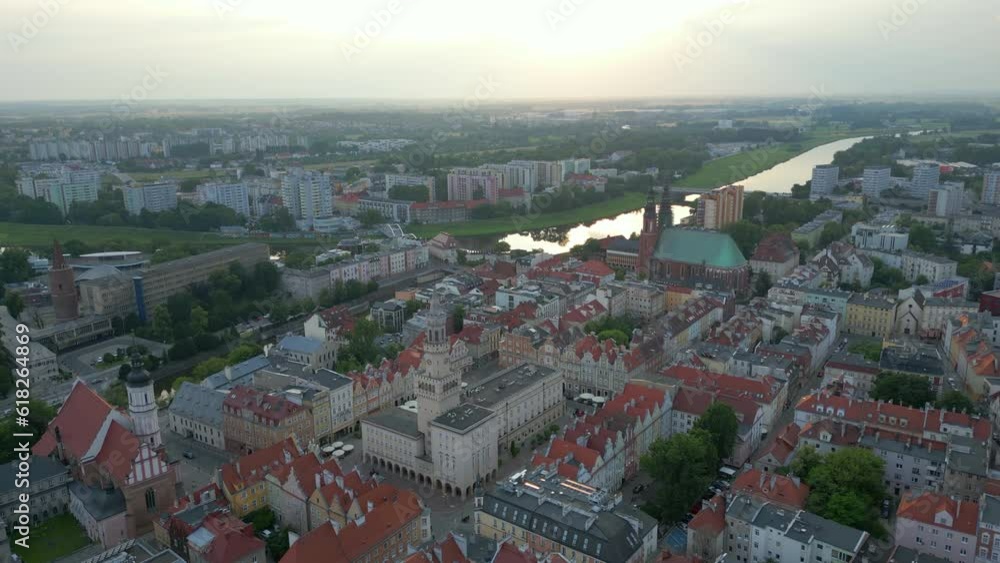 Opole. Aerial shots at sunset The market square, the opera house by the river, the most popular places in Opole. Opole. Aerial shots at sunset The market square, the opera house by the river, the most popular places in Opole.