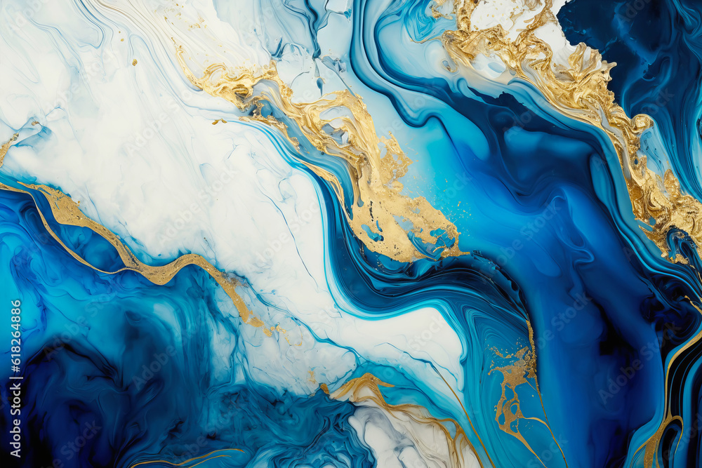 Fluid Art. Liquid blue and gold metallic swirl. Generative AI illustration Fluid Art. Liquid blue and gold metallic swirl. Generative AI illustration