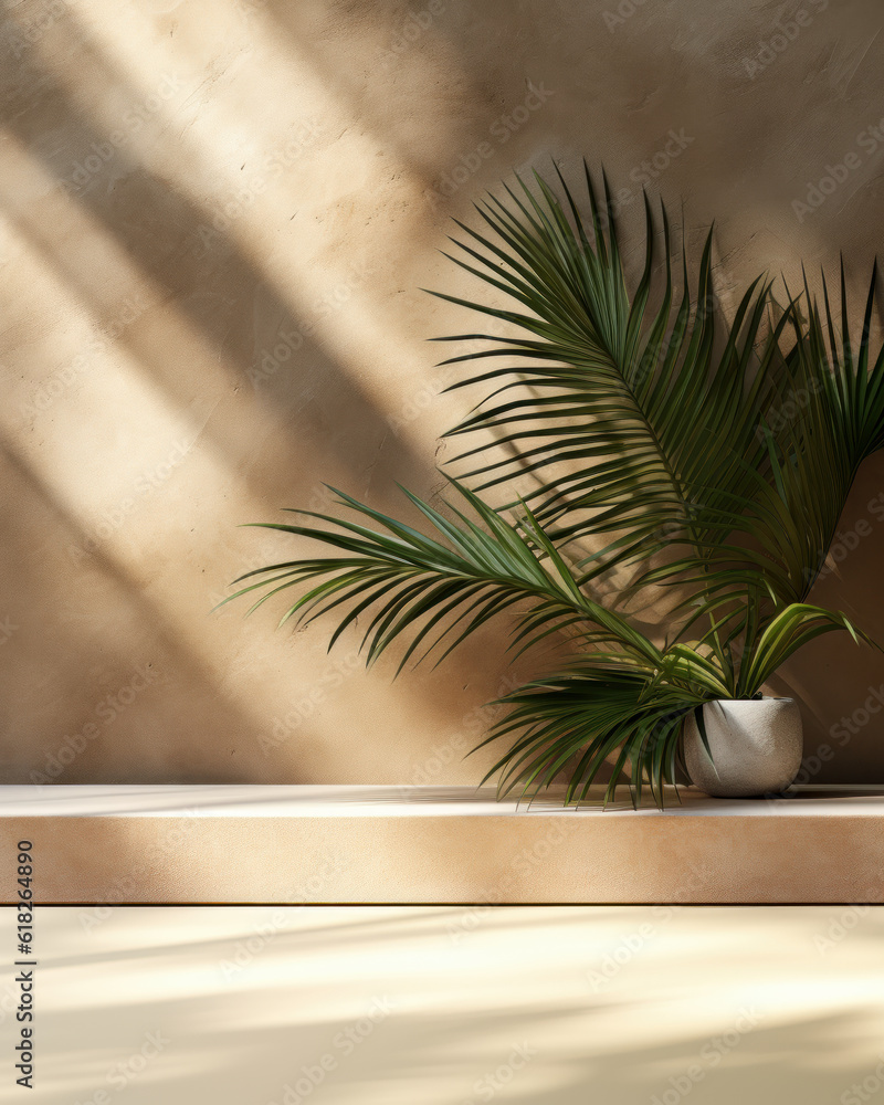 Contemporary vacant brown concrete counter under the sunlit green palm tree with leaf shadows against a textured stucco wall, luxury organic cosmetics, skincare, and beauty products in 3D displays. Contemporary vacant brown concrete counter under the sunlit green palm tree with leaf shadows against a textured stucco wall, luxury organic cosmetics, skincare, and beauty products in 3D displays.