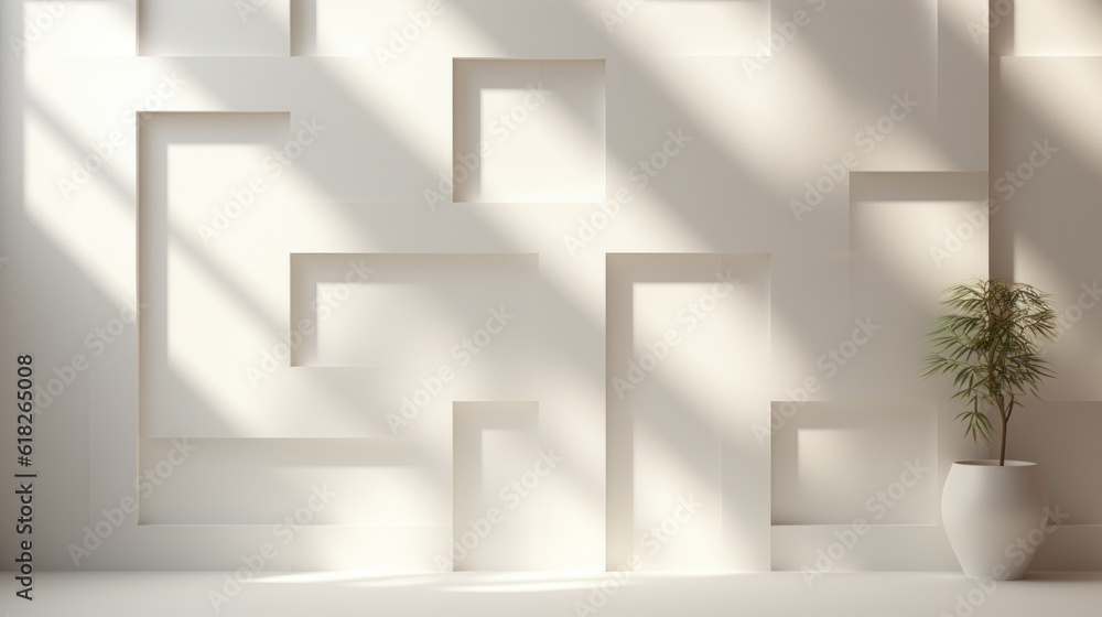 Modern interior design decoration with a white background, a brown gold geometric maze pattern, wonderful sunlight coming through the window, and a leaf shadow for luxury Modern interior design decoration with a white background, a brown gold geometric maze pattern, wonderful sunlight coming through the window, and a leaf shadow for luxury