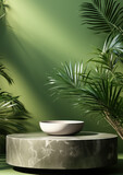 Tropical palm tree in sunshine on a dark green wall in a minimalistic, modern setting for a premium organic cosmetic, skin care, or beauty treatment product display in three dimensions. 
