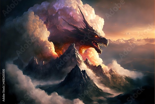 dragon doom volcano mysty mountain country flying clouds 