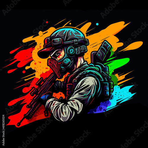 Military man sniper with airsoft automatic rifle. Splashes of color from gunshots in the background. Cartoon vector illustration.
