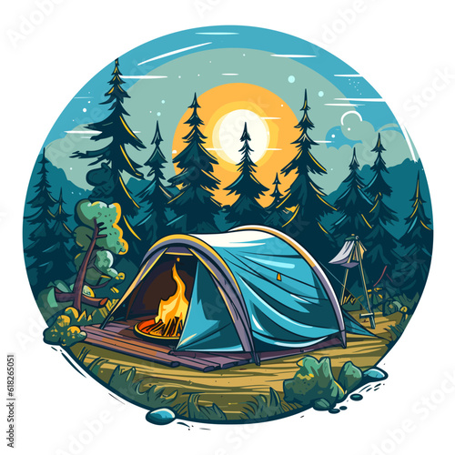 Camping in a tent in the open air. Summer holiday adventures in the tent. Cartoon vector illustration. 