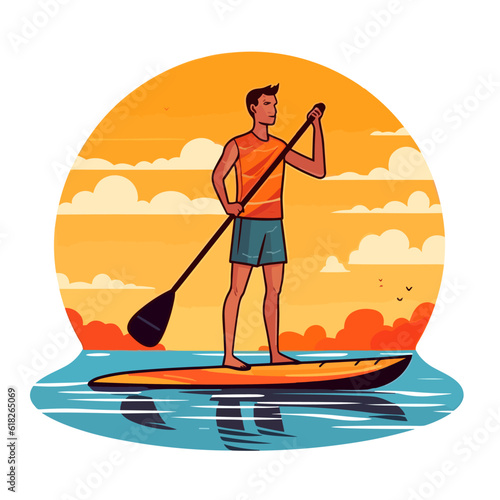 Man paddling on stand up paddleboard. Summer vacation leisure activity. Cartoon illustration. isolated background, label, sticker