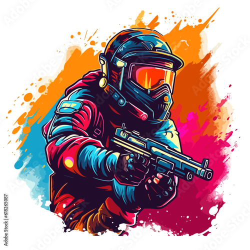 A masked soldier with a helmet on his head and a gun in his hand. Player of Airsoft games or Paintball. Colorful splashes on the background.