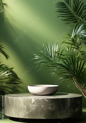 Tropical palm tree in sunshine on a dark green wall in a minimalistic  modern setting for a premium organic cosmetic  skin care  or beauty treatment product display in three dimensions. 