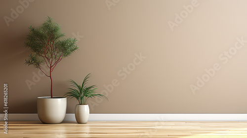 Background of a home with a beige brown wall, a green tropical tree in a white modern design pot, a baseboard on a wooden parquet in sunshine, and a 3D background of an appliance product  © Bartek