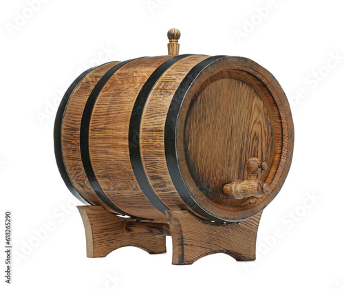One wooden barrel with tap on white background