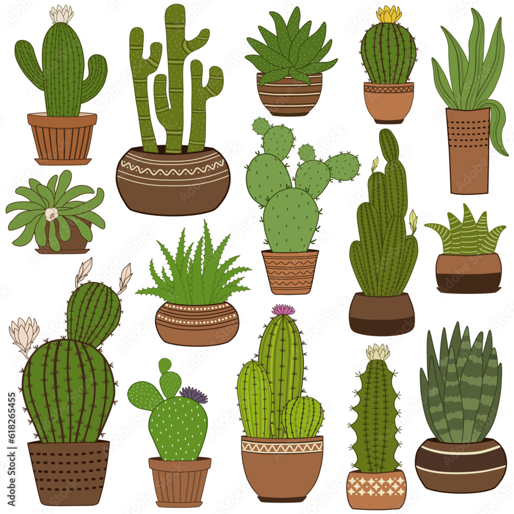 Cute pattern with cactus plant in pots Cute pattern with cactus plant in pots