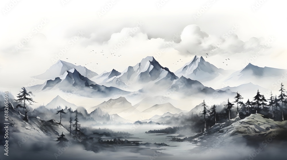 Obraz premium A minimalist ink drawing of a mountain range, capturing the essence of its grandeur with simple, bold lines. (Generative AI)