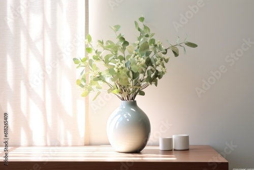 eucalyptus in a vase with wooden desk AI Generated