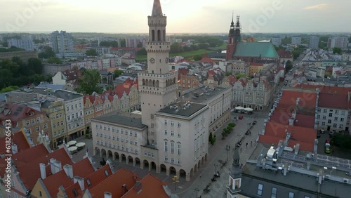 Opole. Aerial shots at sunset The market square, the opera house by the river, the most popular places in Opole.