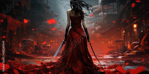 Anime female warrior with a sword on a bloody red background. 