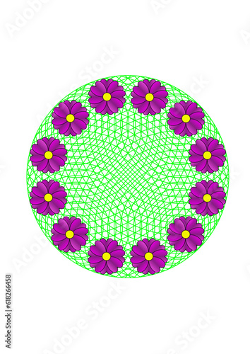 kranz aus zwölf violetten blüten vor einer komplexen netzartigen symmetrischen grünen struktur
