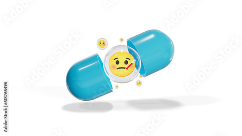 Opening Medical Pill with Emoji face with termometer inside transparent bubble.Healthcare and Medical 3D illustration isolated on transparent background