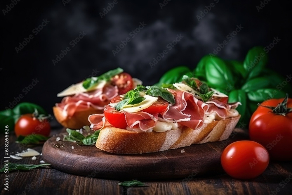 bruschetta with jamon, mozzarella and tomatoes